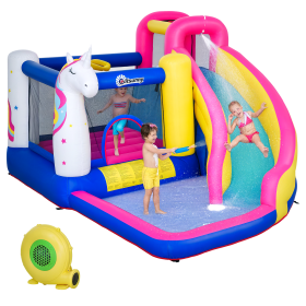 Inflatable Water Slide Bounce House with Trampoline, Climbing Wall, Water Cannon, Basketball Hoop, Splash Pool, 450W Blower, Unicorn Themed Boun (Option: Multi Color-620x390x390 mm)