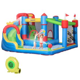 6-in-1 Inflatable Bounce House with Slide, Climbing Wall, Water Cannon, and More, Inflatable Water Slide for Kids with 2 Min. Inflation and Air (Option: Multi Color-640x390x390 mm)