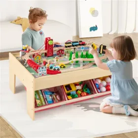 Kids Wooden Train Table With 94PCS Accessories, 2 Reversible Tabletops & 3 Fabric Storage Drawers For Ages 3+ (Option: defaulttitle)
