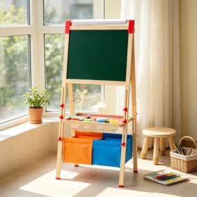 3-in-1 Kids Art Easel, Wooden Double-Sided Magnetic Whiteboard & Chalkboard with Paper Roll, Adjustable Standing Drawing Board with Painting Acce (Option: Default Title)