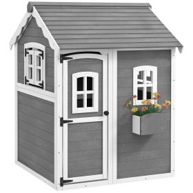 Outdoor Wooden Playhouse for Kids with Floor, Door, Windows, Planter Box for 3-8 Years Old, Backyard, Lawn, Garden (Option: Gray-1100x720x315 mm)