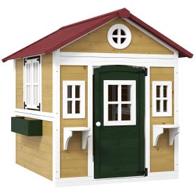 Wooden Playhouse for Kids Outdoor with Doors, Windows, Planter Pots and Boxes for Toddlers 3-8 Years, Beige (Option: Beige-1315x685x290 mm)