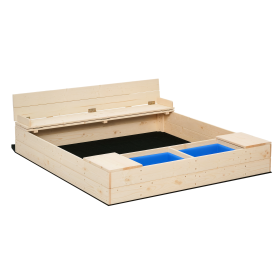 Kids Wooden Sandbox w/ Two Plastic Boxes Foldable Bench Seat Waterproof Cover Bottom Liner Storage Space (Option: Natural Wood-1255x385x170 mm)