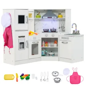 Interactive Kids Play Kitchen With Ice Maker & Chalkboard, Corner Design Pretend Cooking Set With Realistic Sound Effects-White (Option: defaulttitle)