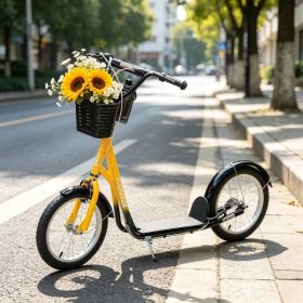 Orange 16" Inflatable Youth Scooter: Kick Scooter with Adjustable Handlebars, Double Brakes, Front Basket and Cupholder (Option: Default Title)