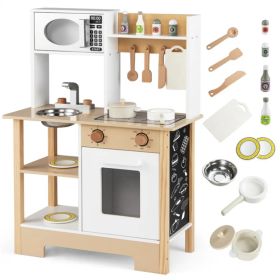 Kids Wooden Play Kitchen with 13 Accessories, Pretend Cooking Set with Chalkboard for 3+, White + Natural (Option: Default Title)