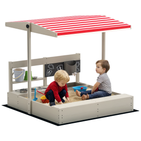 Kids Sandbox with Height Adjustable Canopy, Wooden Sandbox Backyard Toy with Kitchen Playset Accessories, Outdoor Activity Gift for Girls and Bo (Option: Gray-1160x305x200 mm)