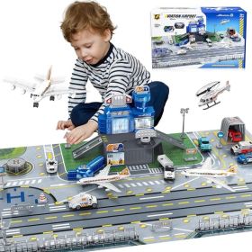 Airplane And Airport Playset With Trucks, Helicopter, Toy Planes And Airport Playmat (Option: Sky Blue)