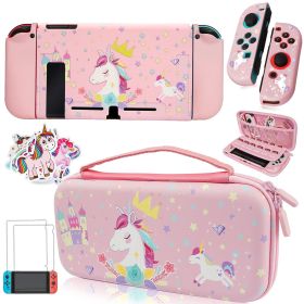 Pink Unicorn Carrying Case Compatible with Nintendo Switch (Not OLED or Lite) with Dockable Protective Grip Case +Screen Protector +Unicorn Stick (Pattern: Pink 2)