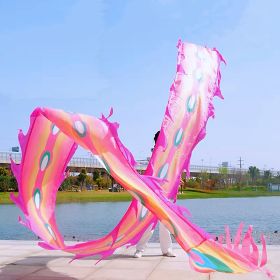 19.6ft Washable Silk-like Dragon Poi for Kids & Adults, 6 meters of Outdoor Flinging Fitness Dance with 3D Rainbow Color Dragon Ribbon Streamer S (Color: Pink Phoenix)