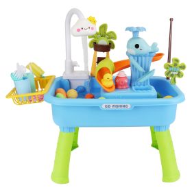 1Set 3 In 1 Kitchen Sink Toy With Electric Faucet Water Table Fishing Game Role Play Sink Set Indoor Outdoor For Kids Aged 3 Years Old (Color: Blue)