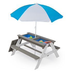 3-in-1 Kids Outdoor Wooden Picnic Table With Umbrella, Sand & Water, Gray ASTM (Option: Gray)