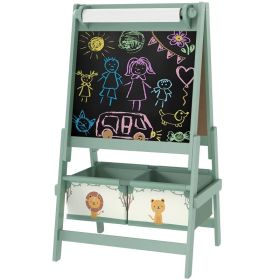 Art Easel For Kids, Double-Sided Whiteboard & Chalkboard With Paper Roll, Storage Baskets For Toddlers Ages 3-8, Green (Option: Green)
