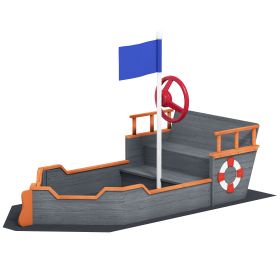 Kids Wooden Sandbox Pirate Ship Sandboat W Bench Seat Storage Space Ceder Wood, Gray (Option: Gray)