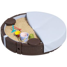 47" Round Kids Sandbox with Cover, 3 Seats, Waterproof Bottom Liner, for Backyard, Lawn, Garden, Beach, Patio, Brown (Option: Brown-650x440x250 mm)