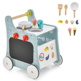 6-in-1 Wooden Baby Stroller with Play Kitchen-Blue (Option: Default Title)