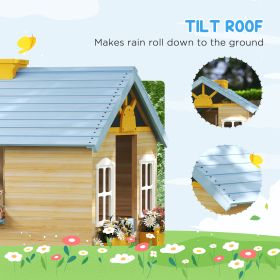 Wooden Playhouse For Kids Outdoor Garden With Working Door, Windows, Bench, Service Station, Flowers Pot Holder, Blue (Color: Blue)