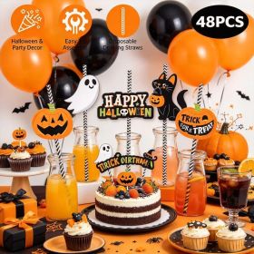 48 pcs Halloween Table Party Decor Paper Straw Kit, Ghost Lantern Black Cat Pattern Decor Cards, DIY Drink Swizzle Sticks, Cake Topper Craft Supp (Option: Default Title)