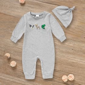 Newborn Baby Boy Outfits Long Sleeve Animal Print Romper & Hat 2Pcs Fall Winter Clothes Set (Option: Grey-1to3Months)